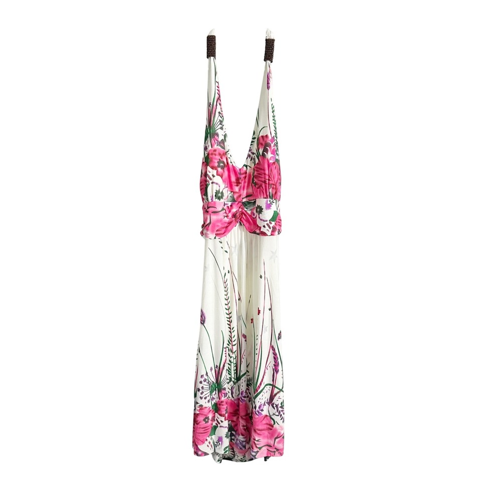 Talia Halter Floral Print V Neck Short Sun Dress White Pink Large Summer Tallia